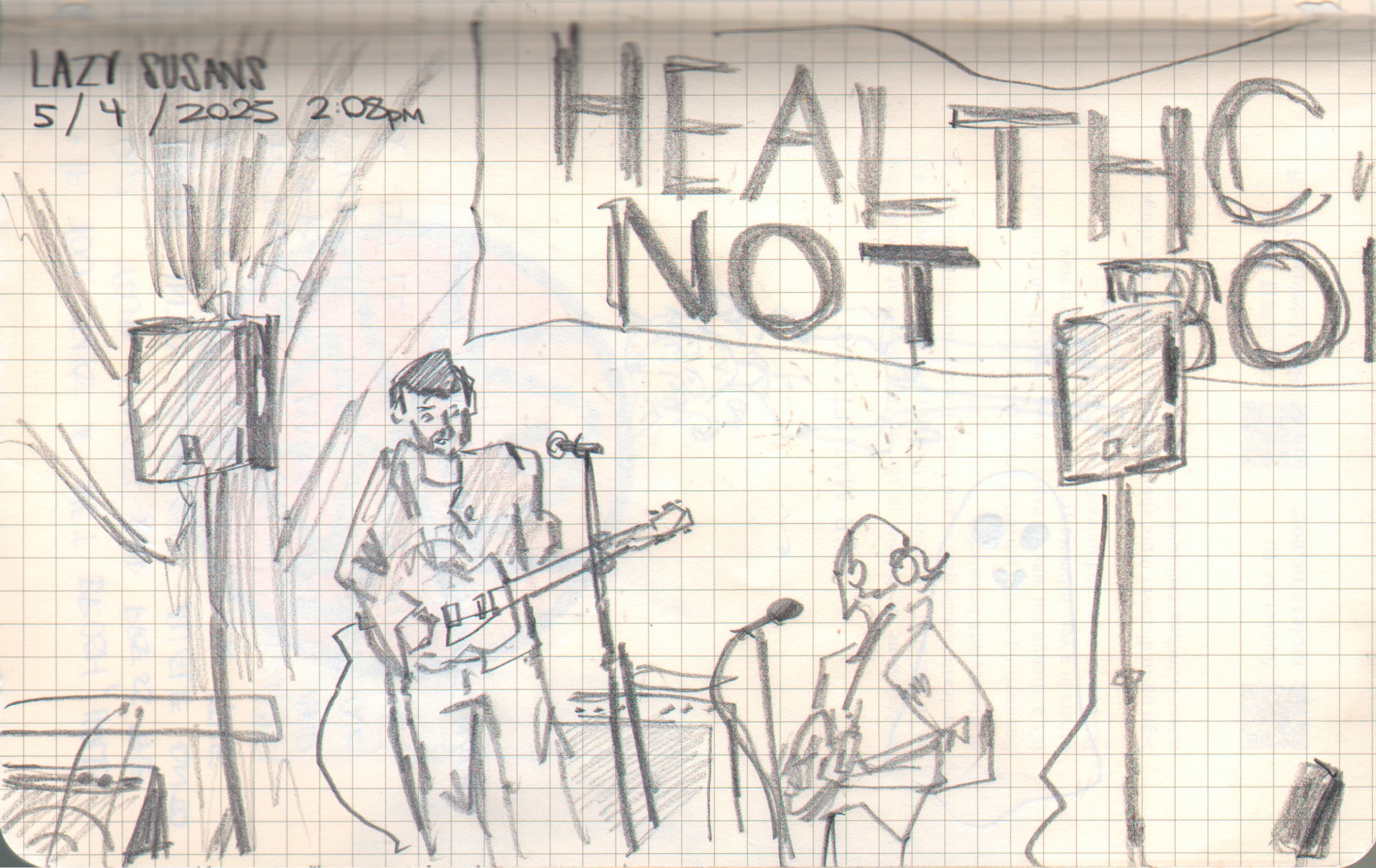 Drawing of live Alt-Country band the Lazy Susans in St. Louis, MO, during a queer anarchist cookout.